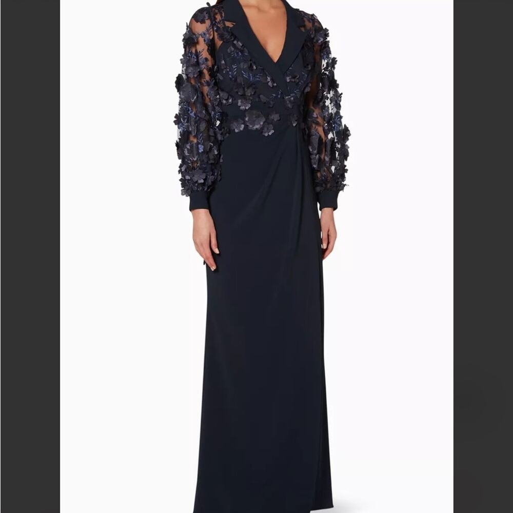 Badgley Mischka Navy Blue Floral Appique Long Sleeve Gown